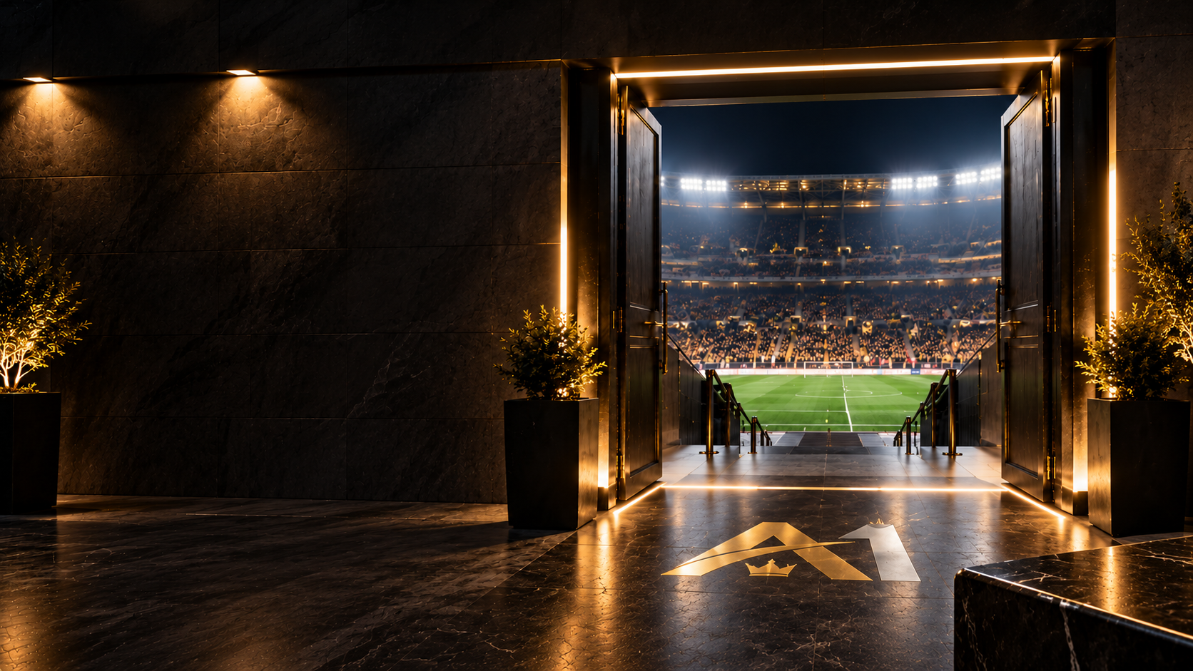 Una porta illuminata d’oro si apre su uno stadio di calcio